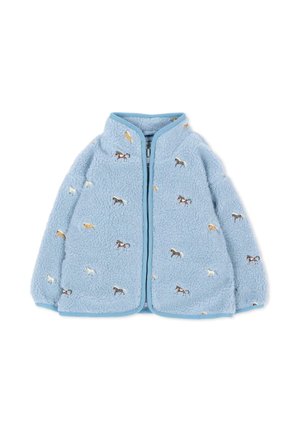 Giacca in pile azzurro chiaro con piccoli motivi di cavalli multicolori, cerniera frontale e colletto alto.