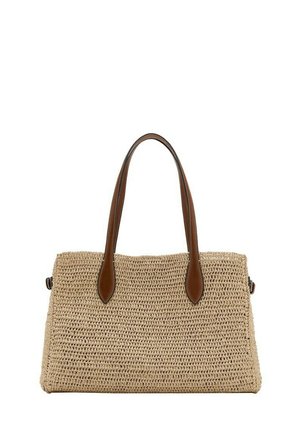 Bolso tote de tejido beige con dos asas de cuero marrón y base rectangular, diseñado para llevar en la mano o al hombro.