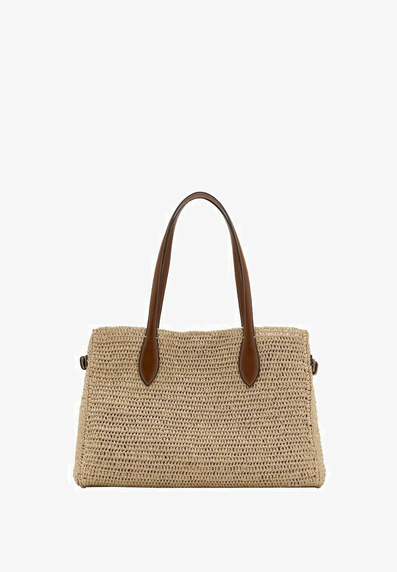 Sac fourre-tout tissé beige avec deux poignées en cuir marron et une base rectangulaire, conçu pour être porté à la main ou à l'épaule.