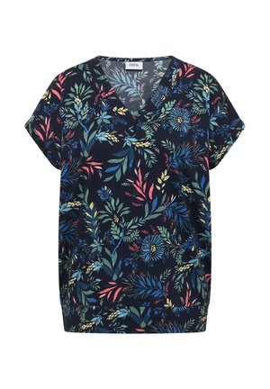 Haut bleu marine à manches courtes avec col en V, présentant des motifs floraux et feuillus multicolores dans des tons verts, roses, bleus et jaunes.