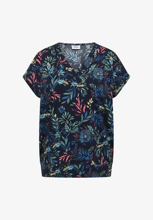 Granatowy top z krótkim rękawem i dekoltem w serek, zdobiony wielokolorowymi wzorami kwiatowymi i liściastymi w odcieniach zieleni, różu, niebieskiego i żółtego.