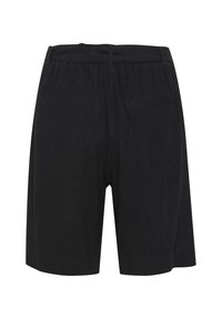 Shorts noirs en tissu texturé, avec une coupe décontractée, une taille élastique et deux poches arrière.