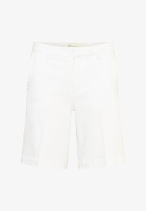 Valkoiset polvenmittaiset shortsit, joissa on vyölenkit, etutaskut ja piilotettu vetoketjukiinnitys, esitelty yksinkertaisella taustalla.