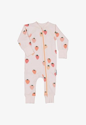 Vauvan vaaleanpunainen pitkähihainen haalari, jossa on oranssi vetoketju ja hajanaisia persikan ja vaaleanpunaisen mansikan kuvioita, varustettuna taitettavilla hihoilla ja jalkapohjattomilla lahkeilla.