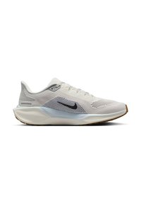 Chaussure de running Nike gris clair avec logo Swoosh noir, tige en mesh, semelle intermédiaire coussinée et semelle extérieure couleur gomme, vue de côté.