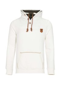 White pullover sweatshirt with a high collar, brown drawstrings, and wooden buttons. Features a front pocket and patterned inner lining.