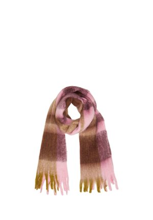 Soft woven scarf with pink, brown, and beige color blocks, looped in a loose knot with fringed ends on a white background.