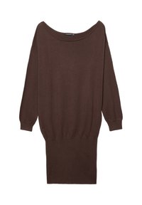 Robe pull marron surdimensionnée avec un large décolleté, des manches longues et un ourlet côtelé. Fabriquée dans un tissu doux à la texture lisse.