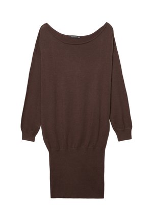 Abito maglione oversize marrone con scollo ampio, maniche lunghe e orlo a coste. Realizzato in tessuto morbido con una texture liscia.