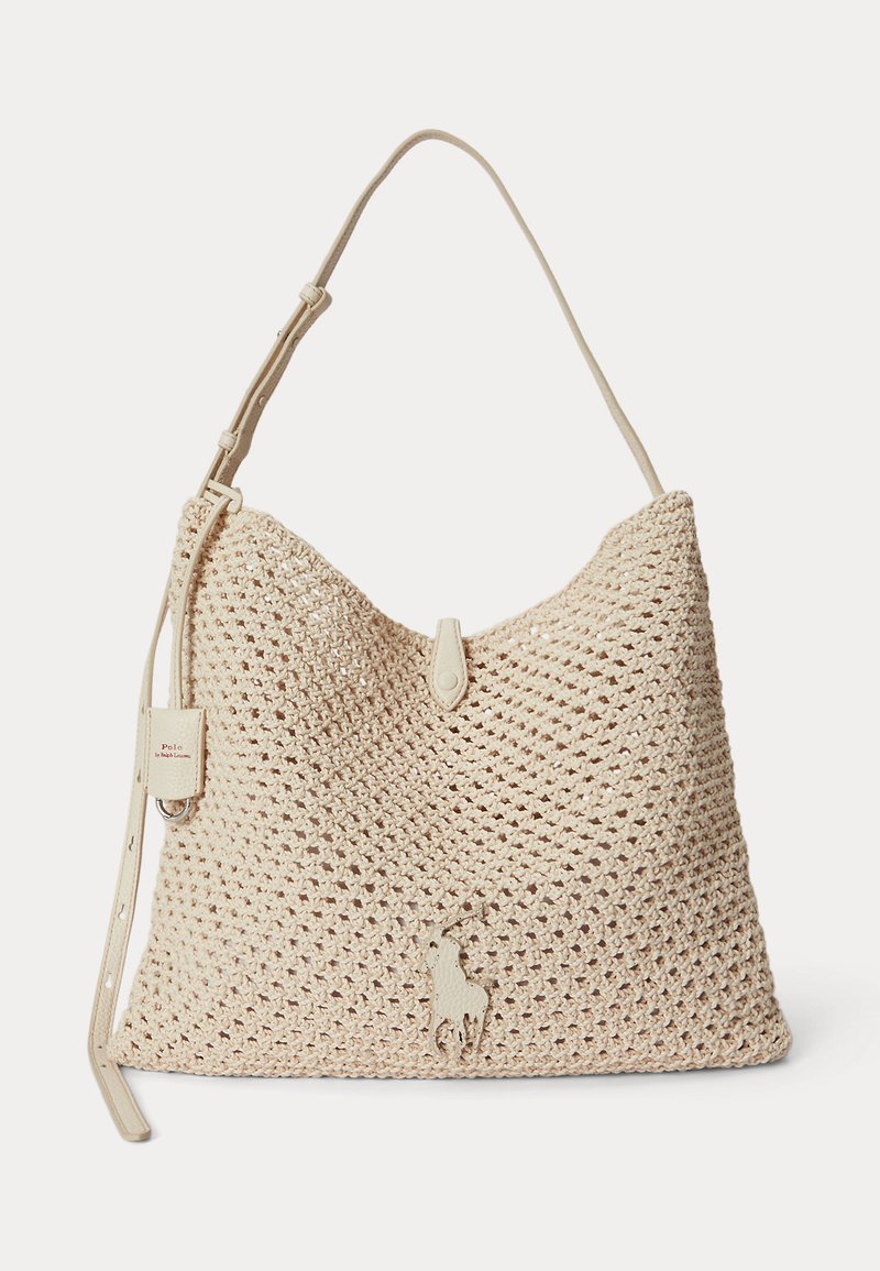 Sac à bandoulière beige en tissu tissé avec sangle ajustable, fermeture à clip et petit logo de cheval sur le devant.