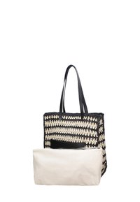 Borsa tote intrecciata in nero e crema con un motivo a righe, dotata di due manici in pelle sintetica nera e di una pochette in canvas bianco rimovibile.