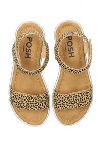 Sandali piatti con stampa leopardata, dotati di due fasce larghe, base color talpa e dettagli argento intorno alla suola. Materiale morbido, plantari con logo 'POSH'.