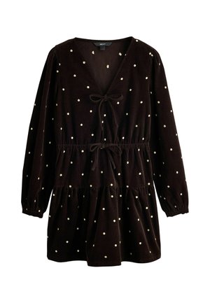 Next, LONG SLEEVE V-NECK TIE CORD MINI DRESS - Freizeitkleid - chocolate brown gold spot