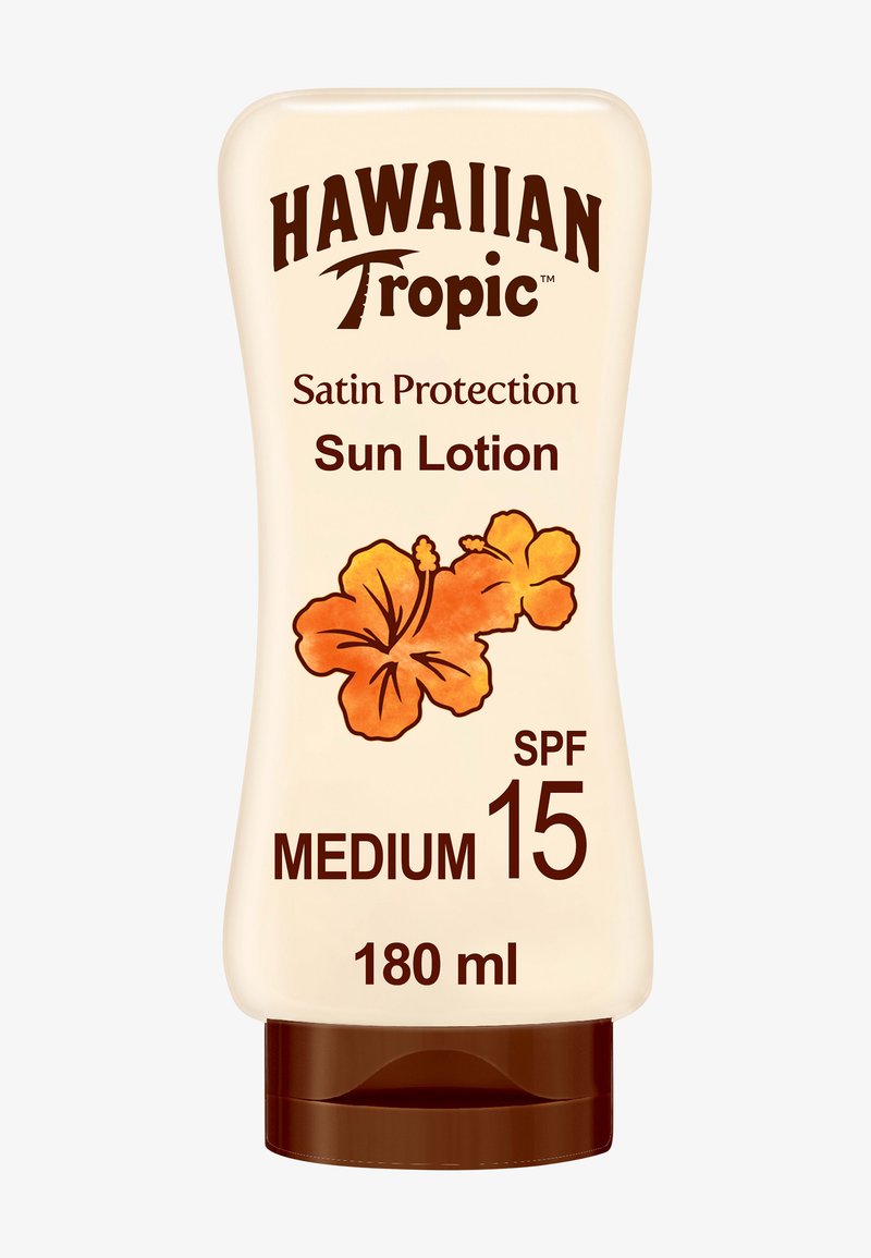 Hawaiian Tropic Satin Protection zonnelotion, SPF 15 medium, 180 ml fles met illustratie van een oranje hibiscusbloem.