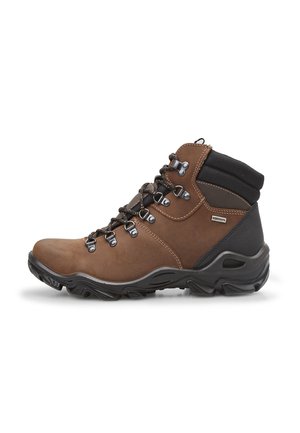 Scarponi da trekking mid-top in pelle marrone con accenti neri, dotati di occhielli in metallo, lacci resistenti e suola in gomma testurizzata.