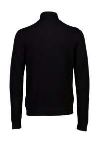 Schwarzer Strickpullover mit hohem Kragen, langen Ärmeln und gerippten Bündchen. Glatte Textur mit tailliertem Schnitt und ohne sichtbare Muster oder Akzente.