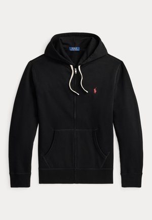 Svart zip-up hettegenser laget av bomullsblanding. Har en frontlomme, hvite snorer og en liten rød logo på venstre bryst.