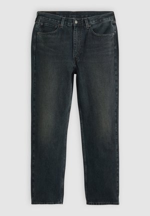 Jeans in denim nero con taglio dritto, design a cinque tasche e dettagli di sbiadimento sottili. Presentano una chiusura con bottone e cerniera.