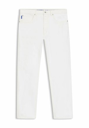 Jeans bianchi a gamba dritta con bottone frontale, chiusura con zip e tasche anteriori e posteriori, distesi su sfondo bianco.