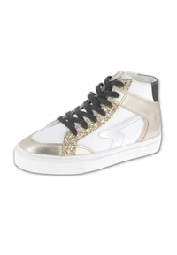 High-top sneaker in white leather with gold glitter accents, metallic gold toe cap, black laces, and a white rubber sole.