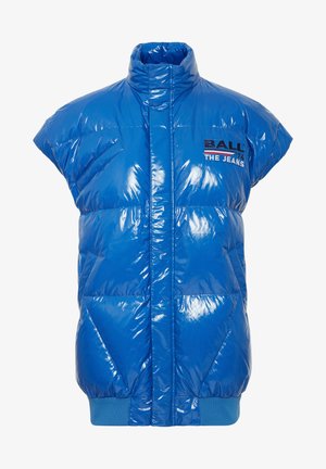 Blauwe, mouwloze puffer vest van glanzend, gewatteerd materiaal. Voorzien van een hoge kraag, ritssluiting aan de voorkant en een logo op de borst. Elastische tailleband.