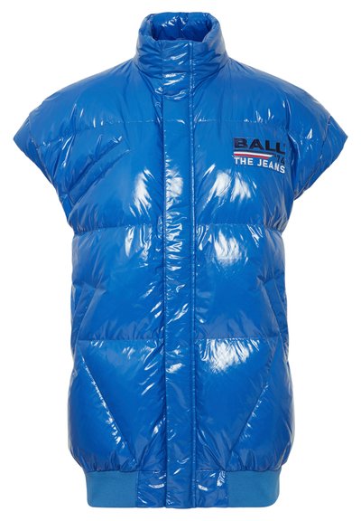 Blue, sleeveless puffer vest in shiny, quilted material. Features a high collar, front zip closure, and logo on the chest. Elastic waistband.