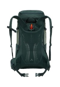 Sac à dos vert avec un panneau arrière en maille, des bretelles ajustables et des éléments en plastique. Comprend une fermeture éclair en haut et des poches latérales pour un rangement supplémentaire.