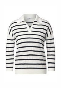 Weißer Strickpullover mit schwarzen horizontalen Streifen, V-Ausschnitt und lockeren langen Ärmeln. Die Textur ist gemustert und gerippt.