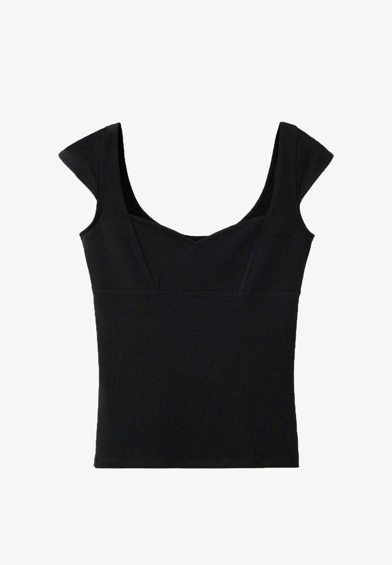 Haut noir ajusté à manches courtes avec large encolure dégagée et détail de couture sous la poitrine.