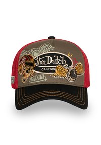 Baseball cap with red mesh back, gray front, black visor with orange stitching, featuring Von Dutch logos, winged eyeball, and warrior helmet patches.