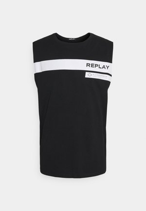 Zwart mouwloos T-shirt van katoen, met een witte horizontale streep en de merknaam "REPLAY" in het zwart gedrukt. Soepele textuur.