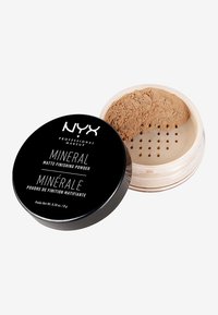 Mineral-matte-Finish-Puder in einem schwarzen Behälter mit transparentem Deckel. Enthält hellbraunes Pulver im Inneren mit einem Sieb für eine kontrollierte Dosierung.