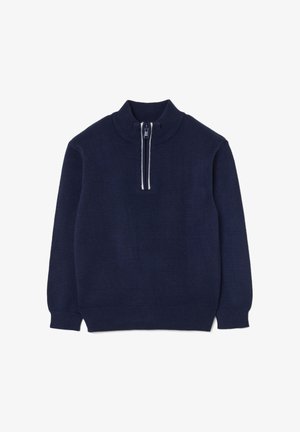 Pull en tricot bleu marine avec un col haut et une fermeture éclair sur le devant. Texture tricotée et poignets et ourlet côtelés.