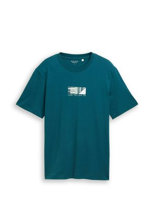 Türkisfarbenes T-Shirt mit kurzen Ärmeln, geometrischem Logo und dem Text "Tom Tailor TM" mittig auf der Brust, Rundhalsausschnitt, Etikett in Größe Large.