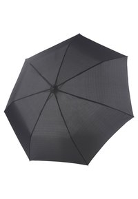 Zwarte paraplu met een gladde stoffen kap, acht panelen en een ronde bovenknop. Lichtgewicht ontwerp, geschikt voor bescherming tegen de regen.