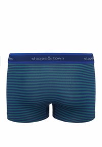Męskie bokserki z granatowym i zielonym paskiem. Wykonane z gładkiego, elastycznego materiału. Posiadają niebieską gumkę w talii z logo.