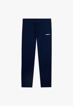 Pantaloni della tuta blu navy con vita elastica, coulisse nere, tasche laterali e logo bianco "FREDDY" sulla coscia destra.