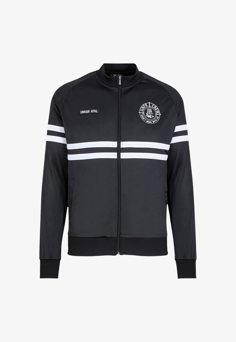 Mustern järkadega must sportlik jakk valgete triipudega, lukuga kinnitamine ja ümmargune logo. Valmistatud siledast kangast, millel on soonikkoes manused ja hem.