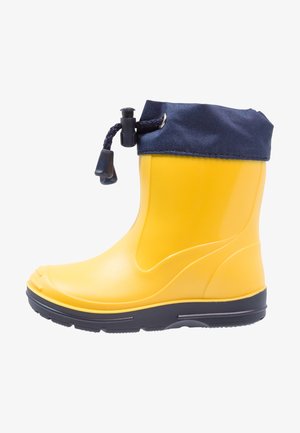 Botte de pluie en caoutchouc jaune avec une manche en textile bleu marine, dotée d'une fermeture à cordon, d'une surface texturée et d'une semelle en caoutchouc noire.