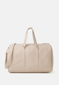 Beige leather duffel bag with a textured surface, two top handles, a detachable shoulder strap, and gold-tone hardware accents.