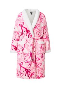 Růžový fleecový župan s bílým měkkým límcem. Dekorován vzorem mašlí v různých odstínech růžové a černé. Obsahuje kapsy.