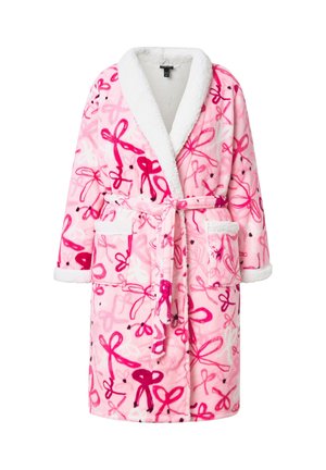 Roze fleec bathrobe met een witte, pluche kraag. Versierd met een patroon van strikken in verschillende tinten roze en zwart. Inclusief zakken.
