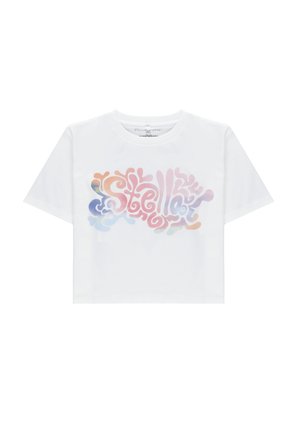 T-shirt crop bianca a maniche corte con grafica multicolore pastello "Stella" in un font ondulato e psichedelico sulla parte anteriore.