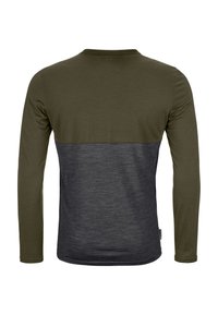 Langärmliges T-Shirt mit einem dunkelolivgrünen oberen Abschnitt und einem strukturierten dunkelgrauen unteren Abschnitt. Schlichter Rundhalsausschnitt, weicher Stoff.