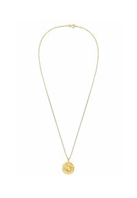 Collier en pendentif en or avec un charm en forme de pièce de monnaie ronde présentant un design en relief complexe. Chaîne en or fine avec un fermoir.