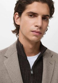 Maglione marrone con zip sotto un blazer beige a righe. Tessuto liscio, dettaglio della zip elegante e una t-shirt bianca sotto.