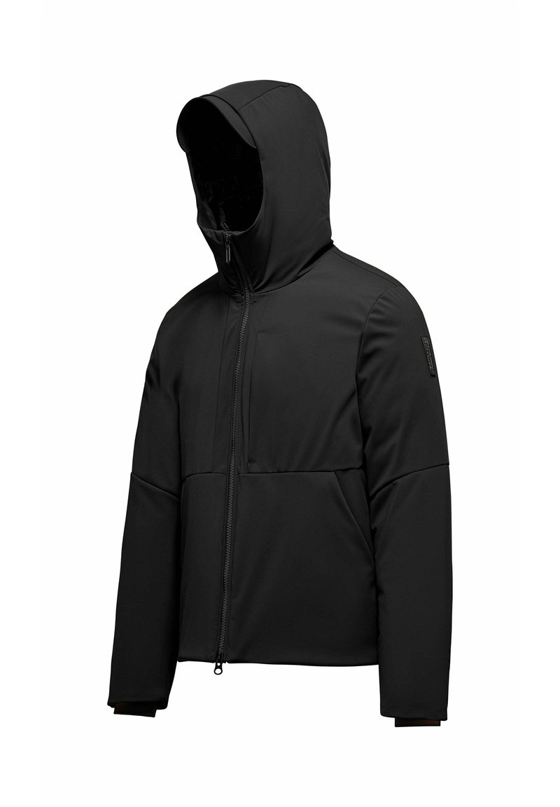 Giacca con cappuccio nera realizzata in materiale liscio e flessibile. Presenta una cerniera frontale, due tasche sul petto e un design imbottito per garantire calore.