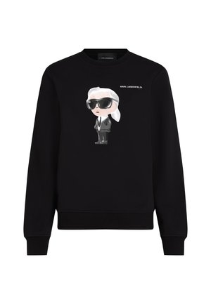 Felpa nera con illustrazione in stile cartone animato di una figura con occhiali da sole e abito, con la scritta "KARL LAGERFELD" sopra.