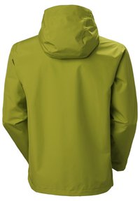Zelená nepromokavá bunda s kapucí, vyznačující se hladkým, matným povrchem a minimalistickým designem. Žádné viditelné ozdoby ani vzory.