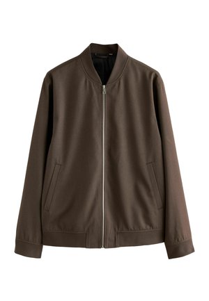 Brown bomber jacket with front silver zipper, ribbed collar, cuffs, and hem, featuring two front slit pockets.